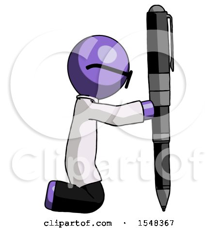 Purple Doctor Scientist Man Posing with Giant Pen in Powerful yet Awkward Manner. by Leo Blanchette