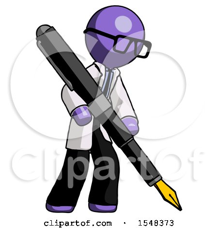 Purple Doctor Scientist Man Drawing or Writing with Large Calligraphy Pen by Leo Blanchette