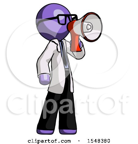 Purple Doctor Scientist Man Shouting into Megaphone Bullhorn Facing Right by Leo Blanchette