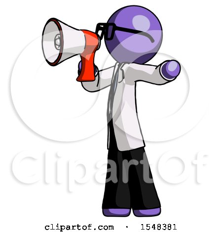 Purple Doctor Scientist Man Shouting into Megaphone Bullhorn Facing Left by Leo Blanchette