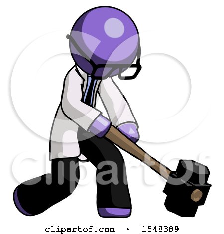 Purple Doctor Scientist Man Hitting with Sledgehammer, or Smashing Something at Angle by Leo Blanchette