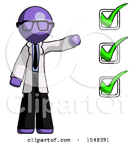 Purple Doctor Scientist Man Standing by List of Checkmarks by Leo Blanchette