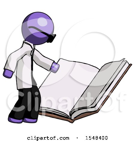 Purple Doctor Scientist Man Reading Big Book While Standing Beside It by Leo Blanchette