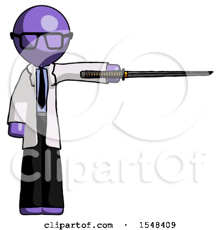 Purple Doctor Scientist Man Standing with Ninja Sword Katana Pointing Right by Leo Blanchette
