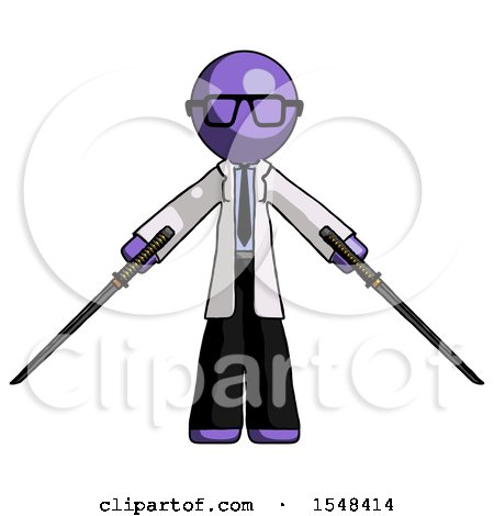 Purple Doctor Scientist Man Posing with Two Ninja Sword Katanas by Leo Blanchette