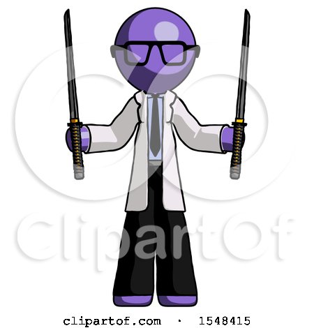 Purple Doctor Scientist Man Posing with Two Ninja Sword Katanas up by Leo Blanchette