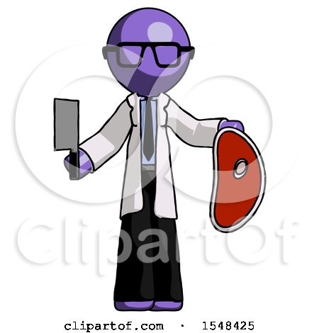Purple Doctor Scientist Man Holding Large Steak with Butcher Knife by Leo Blanchette