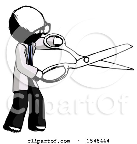 Ink Doctor Scientist Man Holding Giant Scissors Cutting out Something by Leo Blanchette