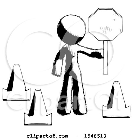 Ink Design Mascot Man Holding Stop Sign by Traffic Cones Under Construction Concept by Leo Blanchette