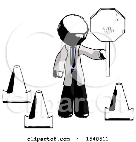 Ink Doctor Scientist Man Holding Stop Sign by Traffic Cones Under Construction Concept by Leo Blanchette
