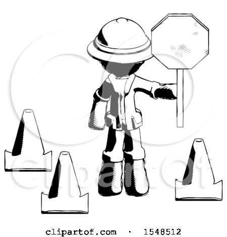 Ink Explorer Ranger Man Holding Stop Sign by Traffic Cones Under Construction Concept by Leo Blanchette