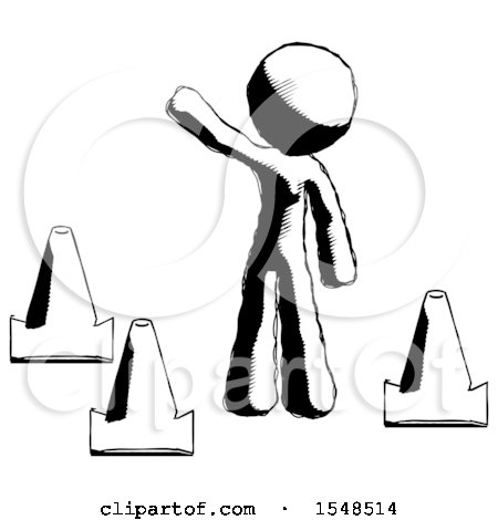 Ink Design Mascot Man Standing by Traffic Cones Waving by Leo Blanchette