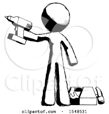Ink Design Mascot Man Holding Drill Ready to Work, Toolchest and Tools to Right by Leo Blanchette