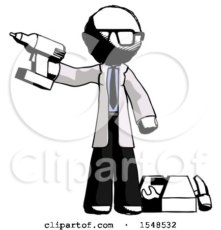Ink Doctor Scientist Man Holding Drill Ready to Work, Toolchest and Tools to Right by Leo Blanchette