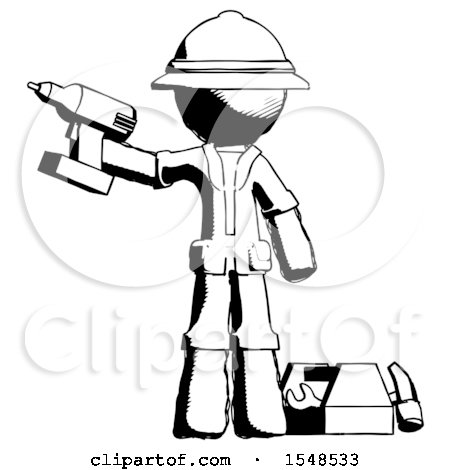 Ink Explorer Ranger Man Holding Drill Ready to Work, Toolchest and Tools to Right by Leo Blanchette
