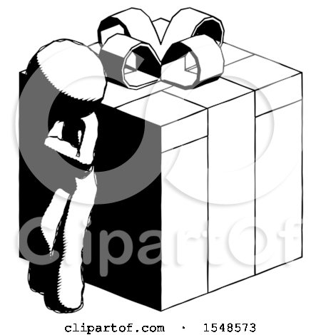 Ink Design Mascot Man Leaning on Gift with Red Bow Angle View by Leo Blanchette