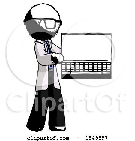 Ink Doctor Scientist Man Holding Laptop Computer Presenting Something on Screen by Leo Blanchette