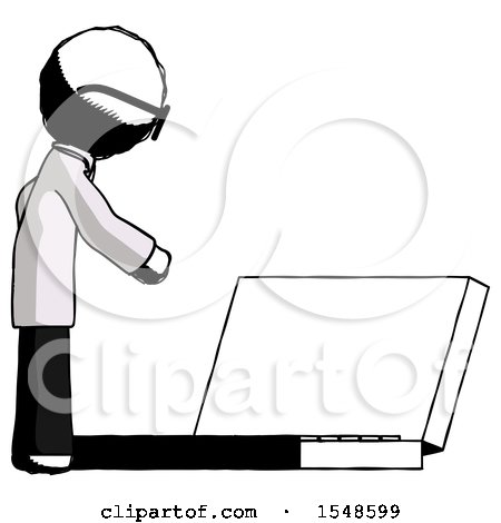 Ink Doctor Scientist Man Using Large Laptop Computer Side Orthographic View by Leo Blanchette