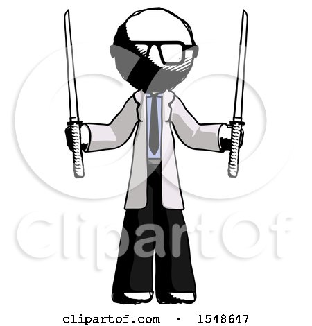 Ink Doctor Scientist Man Posing with Two Ninja Sword Katanas up by Leo Blanchette