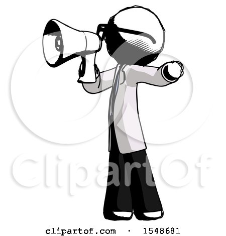 Ink Doctor Scientist Man Shouting into Megaphone Bullhorn Facing Left by Leo Blanchette