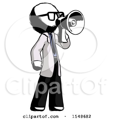 Ink Doctor Scientist Man Shouting into Megaphone Bullhorn Facing Right by Leo Blanchette