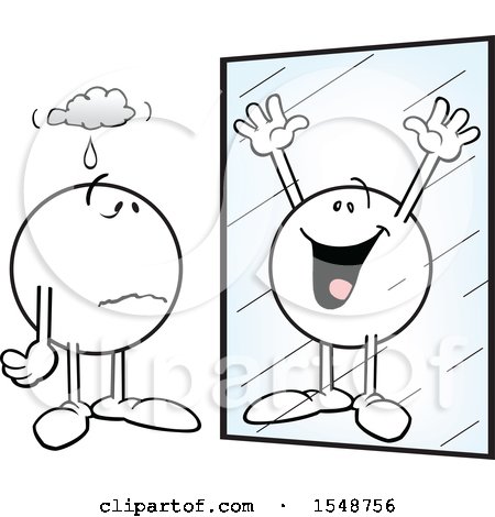 Clipart of a Gloomy Moodie Character Seeing Himself As Happy in a Mirror - Royalty Free Vector Illustration by Johnny Sajem