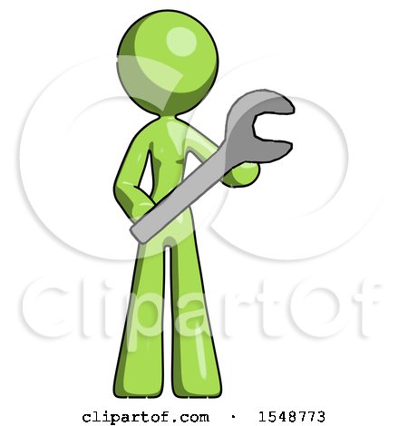 Green Design Mascot Woman Holding Large Wrench with Both Hands by Leo Blanchette