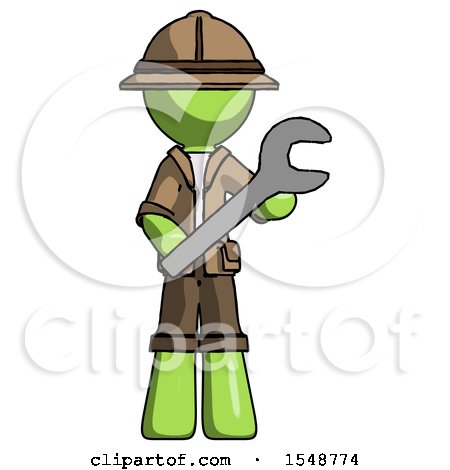 Green Explorer Ranger Man Holding Large Wrench with Both Hands by Leo Blanchette