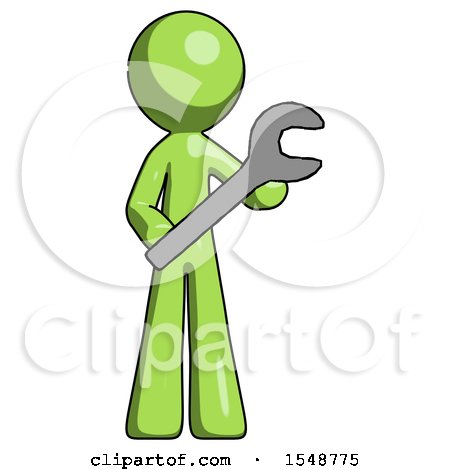 Green Design Mascot Man Holding Large Wrench with Both Hands by Leo Blanchette