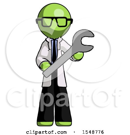 Green Doctor Scientist Man Holding Large Wrench with Both Hands by Leo Blanchette