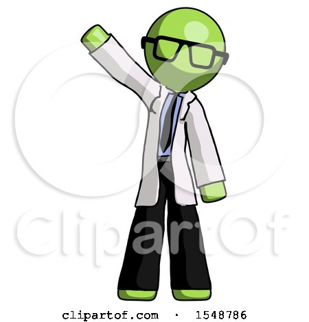 Green Doctor Scientist Man Waving Emphatically with Right Arm by Leo Blanchette