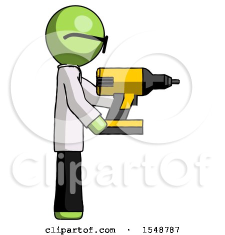 Green Doctor Scientist Man Using Drill Drilling Something on Right Side by Leo Blanchette