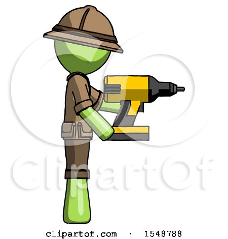 Green Explorer Ranger Man Using Drill Drilling Something on Right Side by Leo Blanchette