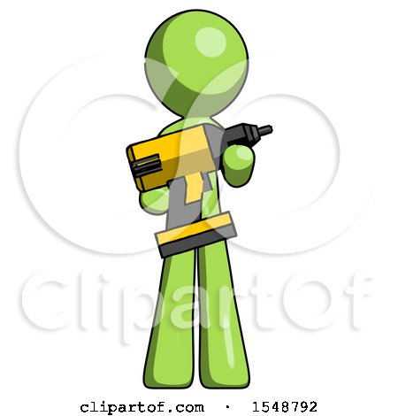 Green Design Mascot Man Holding Large Drill by Leo Blanchette