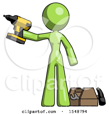 Green Design Mascot Woman Holding Drill Ready to Work, Toolchest and Tools to Right by Leo Blanchette