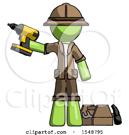 Green Explorer Ranger Man Holding Drill Ready to Work, Toolchest and Tools to Right by Leo Blanchette