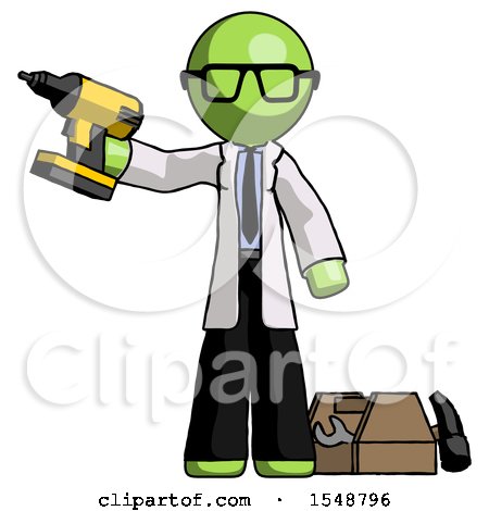 Green Doctor Scientist Man Holding Drill Ready to Work, Toolchest and Tools to Right by Leo Blanchette