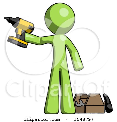 Green Design Mascot Man Holding Drill Ready to Work, Toolchest and Tools to Right by Leo Blanchette