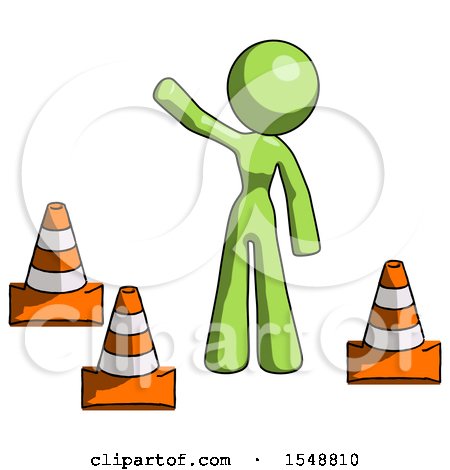 Green Design Mascot Woman Standing by Traffic Cones Waving by Leo Blanchette