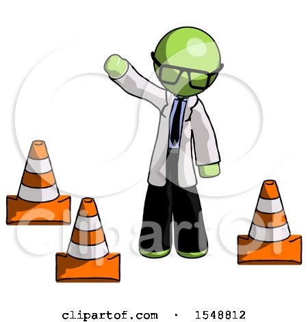 Green Doctor Scientist Man Standing by Traffic Cones Waving by Leo Blanchette