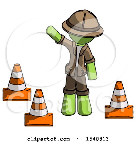 Green Explorer Ranger Man Standing by Traffic Cones Waving by Leo Blanchette