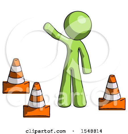 Green Design Mascot Man Standing by Traffic Cones Waving by Leo Blanchette
