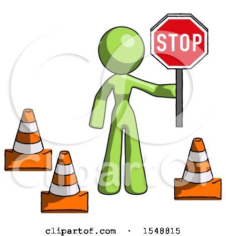 Green Design Mascot Woman Holding Stop Sign by Traffic Cones Under Construction Concept by Leo Blanchette
