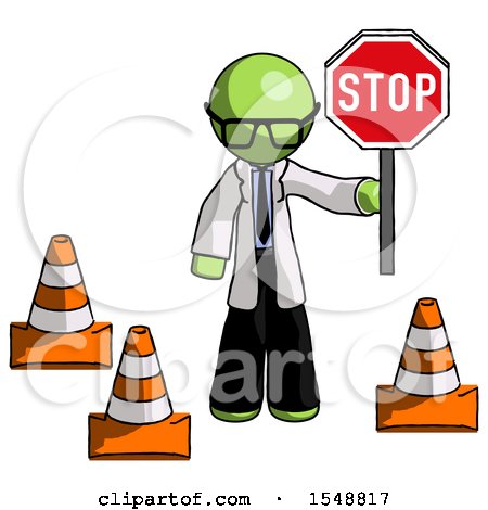 Green Doctor Scientist Man Holding Stop Sign by Traffic Cones Under Construction Concept by Leo Blanchette