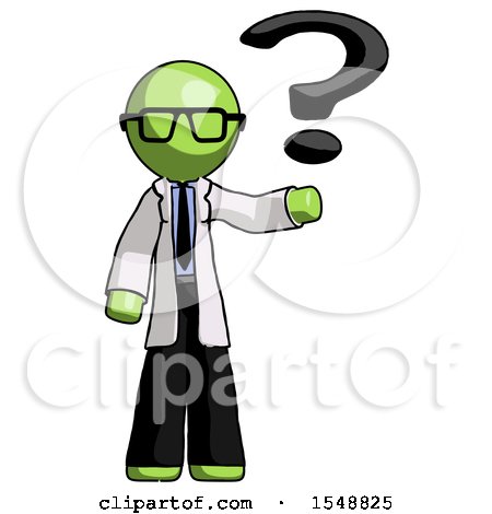 Green Doctor Scientist Man Holding Question Mark to Right by Leo Blanchette