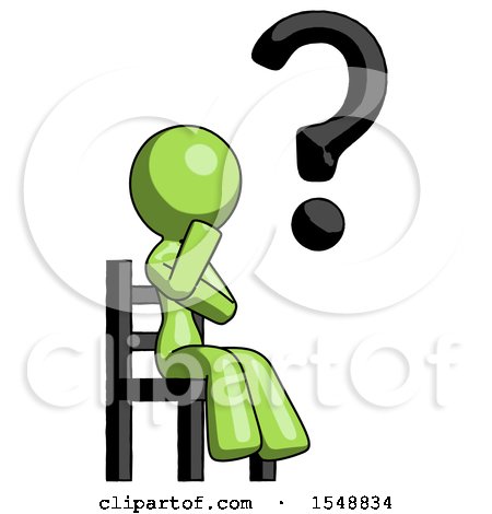 Green Design Mascot Woman Question Mark Concept, Sitting on Chair Thinking by Leo Blanchette