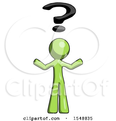 Green Design Mascot Man with Question Mark Above Head, Confused by Leo Blanchette