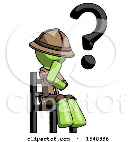 Green Explorer Ranger Man Question Mark Concept, Sitting on Chair Thinking by Leo Blanchette