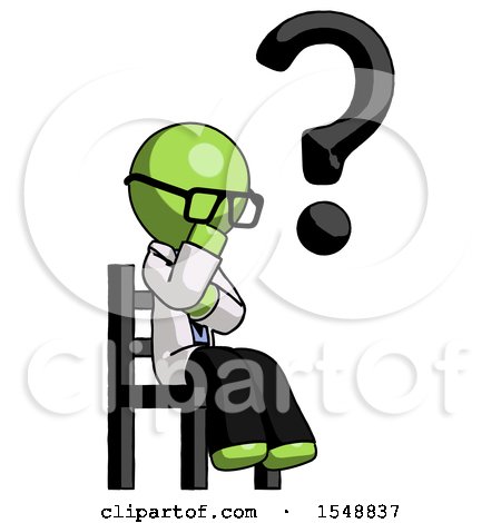 Green Doctor Scientist Man Question Mark Concept, Sitting on Chair Thinking by Leo Blanchette