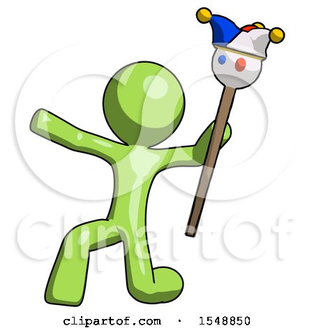 Green Design Mascot Man Holding Jester Staff Posing Charismatically by Leo Blanchette